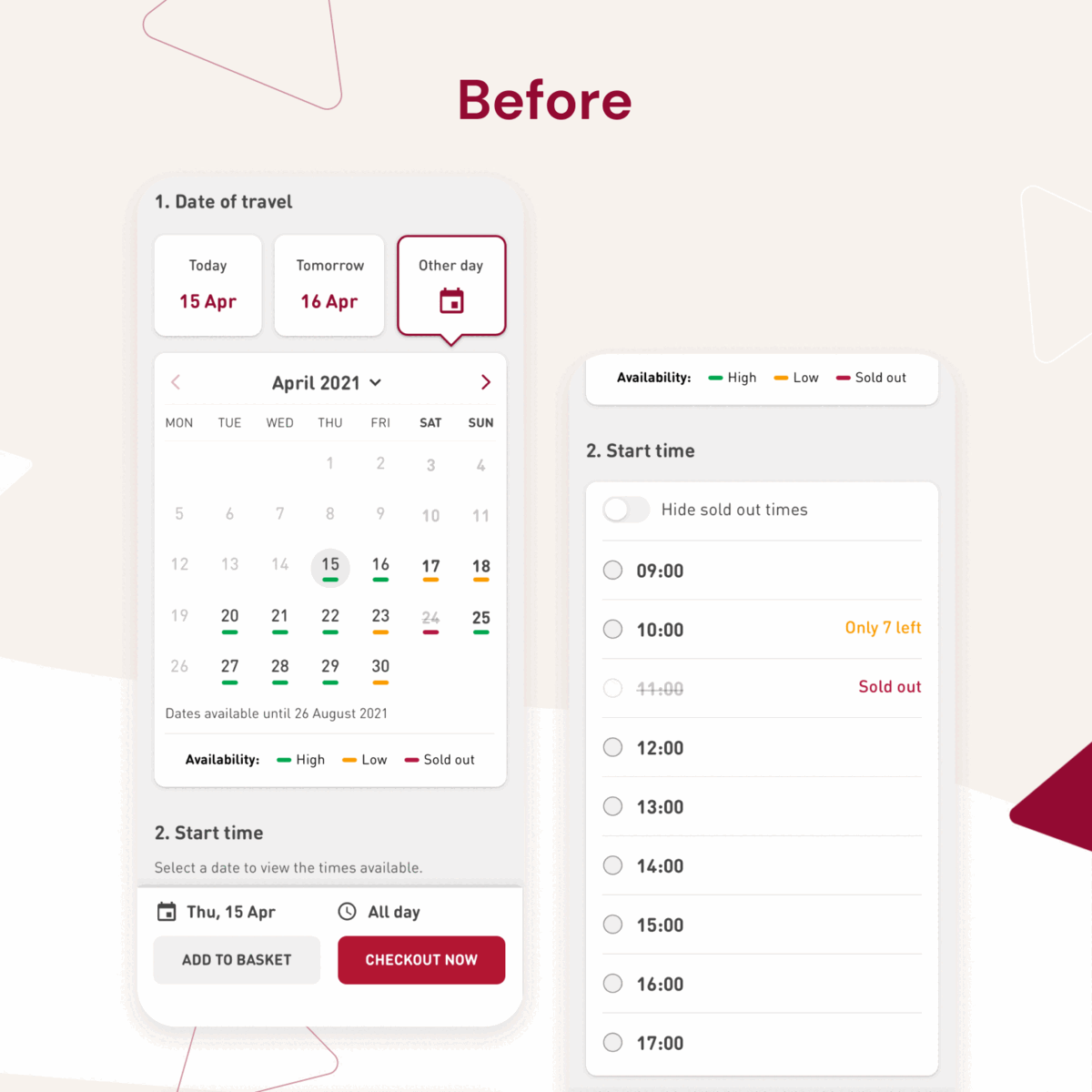 Big Bus Tours' calendar picker, shown within their ticket purchasing journey, before and after the digital transformation project