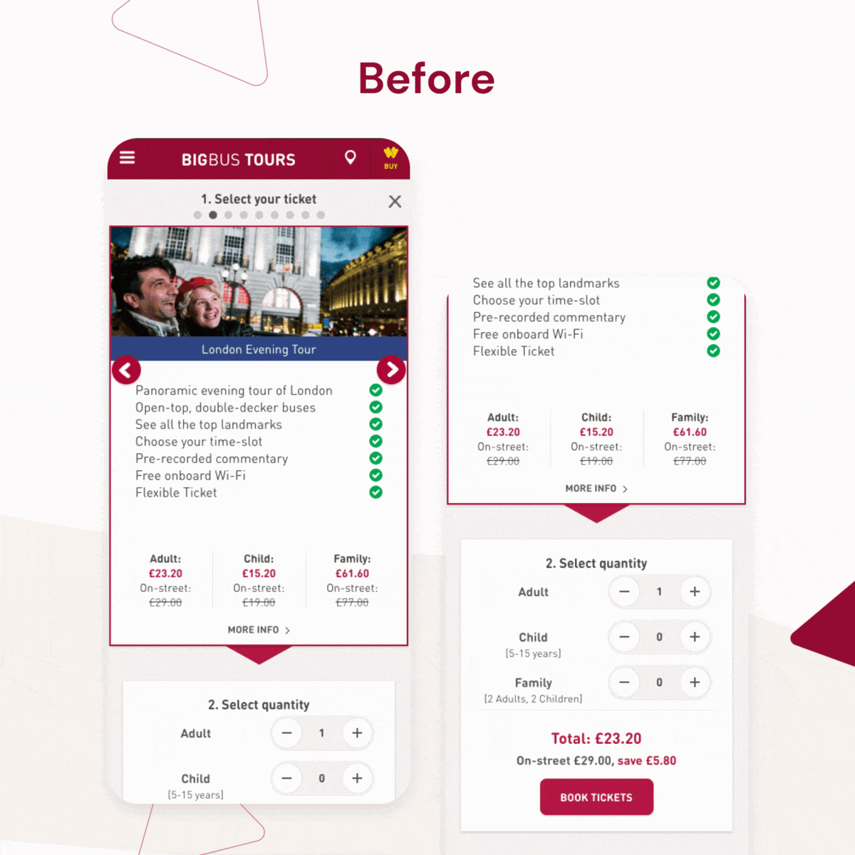 Big Bus Tours' product page before and after their digital transformation project